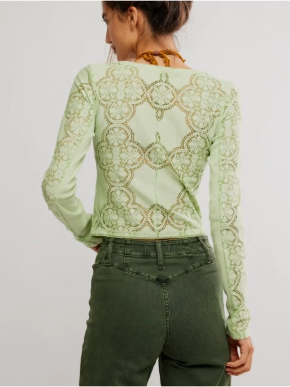 Free People Lace Button Front Cardigan Top – Soft Moss Green – Size Large